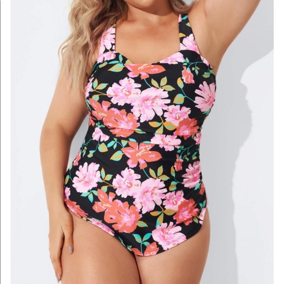 Flower Sarong Front One Piece Swimsuit, 2X - Picture 3 of 4